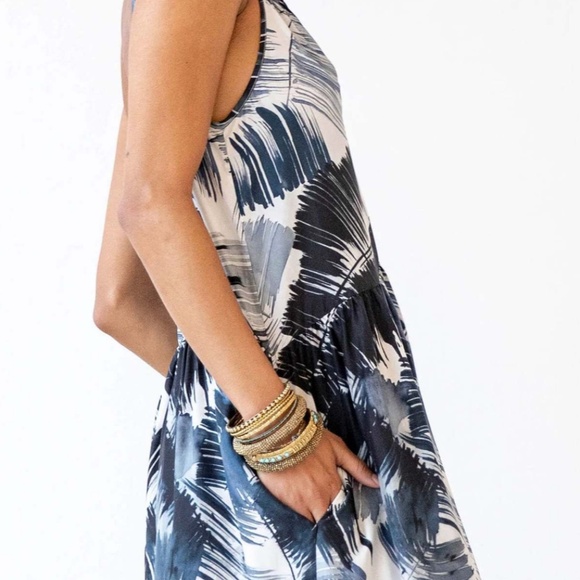 Go> by GoSilk Palm Print Silk Dress with Double Spaghetti Straps - Picture 2 of 5